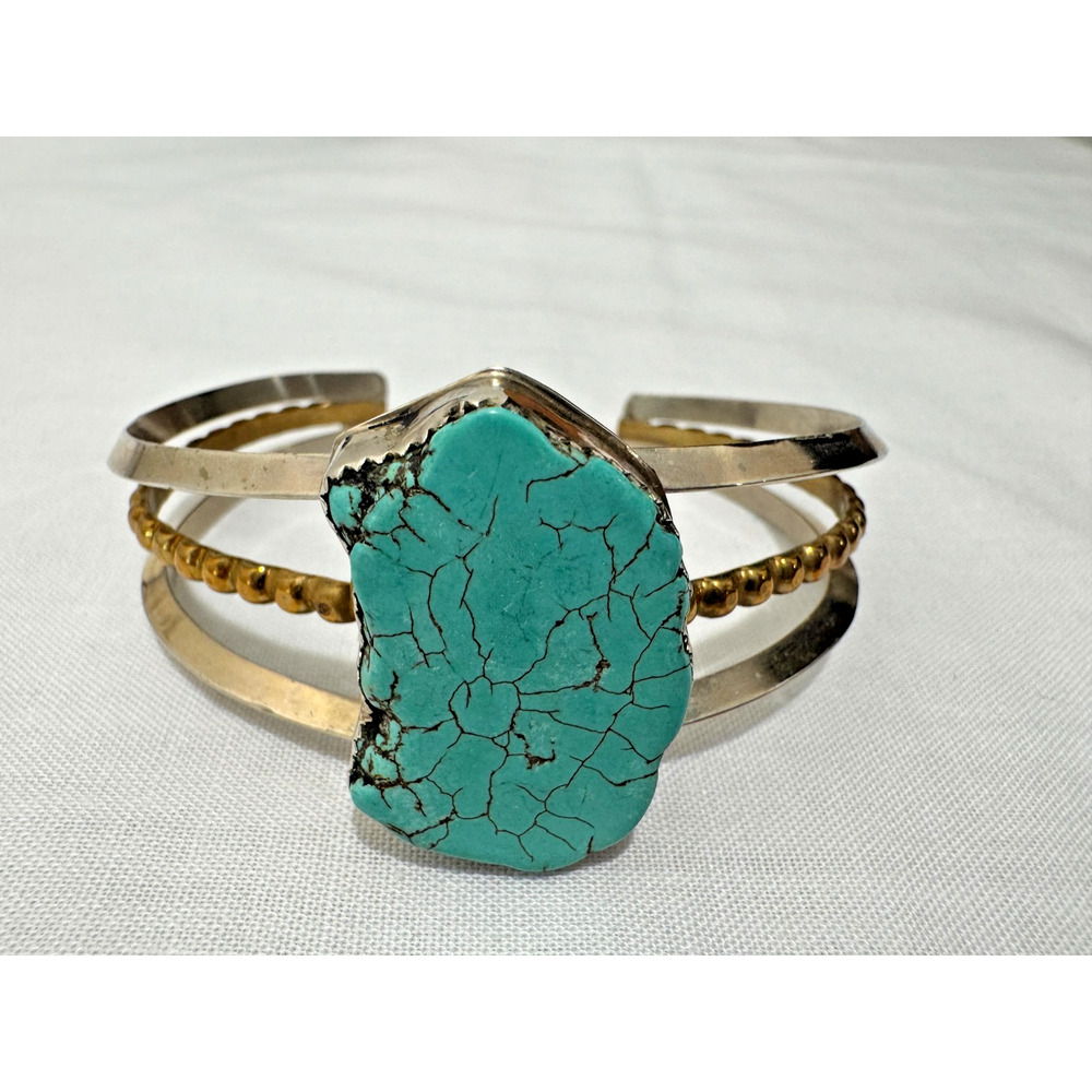 Cuff Bracelet Turquoise Stone Gold and Silver Tone Statement Southwestern